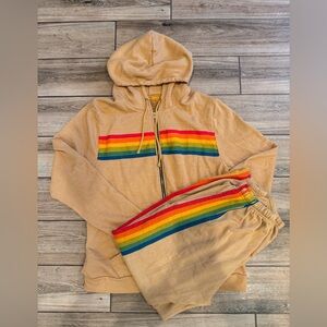Aviator Nation Tan Hoodie with Rainbow Stripes